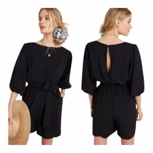 NWT! Anthropologie Black Textured FRANCESCA BALLOON-SLEEVED ROMPER. Size XS.